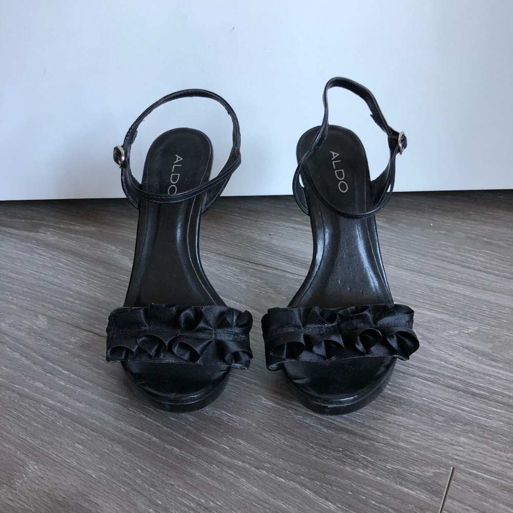 ALDO Black Ankle Strap high heels, Ruffled Accent
